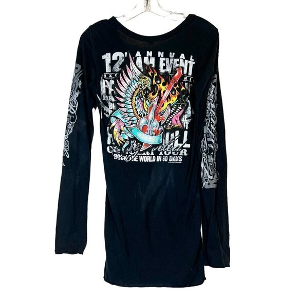 Vintage Black Mini Dress Tunic Top Rock Swarovski Rhinestone Retro Winged Guitar - Picture 2 of 12